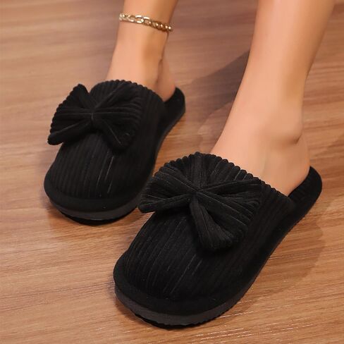 Women's Fleece Lined Slippers with Decorative Bow, Soft Indoor House Shoes, Non-Slip Warm Winter Footwear in Saudi Arabia