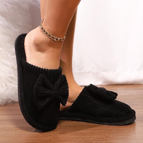 Women's Fleece Lined Slippers with Decorative Bow, Soft Indoor House Shoes, Non-Slip Warm Winter Footwear in Saudi Arabia