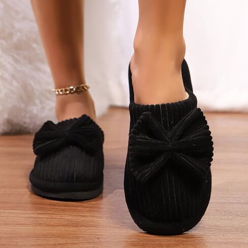 Women's Fleece Lined Slippers with Decorative Bow, Soft Indoor House Shoes, Non-Slip Warm Winter Footwear in Saudi Arabia
