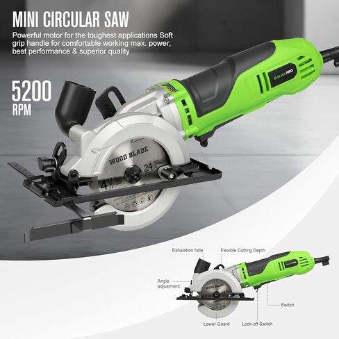 GALAX PRO 710W Mini Circular Saw 3 Pcs Saw Blades (115mm), 5200RPM Electric Circular Saw,1-2/3''(90°)/1''(45°) Cutting Depth, Portable and Compact for Wood/Metal/Plastic in Kuwait