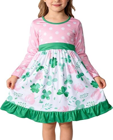 St Patrick Toddler Girl Dress Green Clover Print Ruffle Bottom Long Sleeve Casual Dress 3-8Y in Saudi Arabia