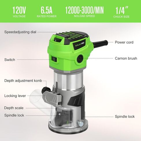 جهاز التوجيه الخشبي المضغوط GALAX PRO 6.5 أمبير مع قاعدة ثابتة، جهاز التوجيه ذو السرعة المتغيرة 1.25 HP 12000-30000 دورة في الدقيقة، لقم التوجيه، دليل الحافة، دليل الأسطوانة وغطاء الغبار in Kuwait