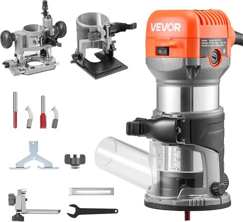 VEVOR Wood Router, 1 HP 710W, Variable Speed Palm Router Tool with Soft Start, Compact Wood Edge Trimmer with Fixed Base & 1/4-Inch Collet, Dust Hood, for Woodworking, Trimming, DIY Projects, Corded in Kuwait