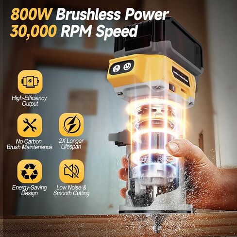 Cordless Compact Wood Router Tool for DeWalt 20V Battery- Brushless Motor, 800W 5-Speed Wood Trimmer Tool (Bare Tool), Fixed Base Edge & Groove Router for Woodworking in Kuwait