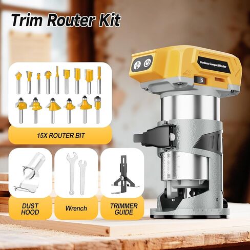 Cordless Compact Wood Router Tool for DeWalt 20V Battery- Brushless Motor, 800W 5-Speed Wood Trimmer Tool (Bare Tool), Fixed Base Edge & Groove Router for Woodworking in Kuwait