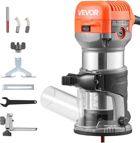 VEVOR Wood Router, 1 HP 710W, Variable Speed Palm Router Tool with Soft Start, Compact Wood Edge Trimmer with Fixed Base & 1/4-Inch Collet, Dust Hood, for Woodworking, Trimming, DIY Projects, Corded in Saudi Arabia