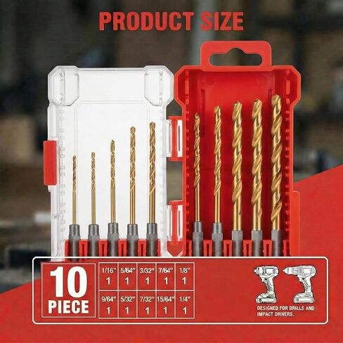 Impact Drill Bit Set 10pcs,1/16-1/4 Inch Titanium Hex Drill Bit Set, M2 HSS 1/4 Inch Hex Shank Quick Change,135 Degree Split Point, for Metal Steel Wood Plastic, Impact Driver Ready in Kuwait