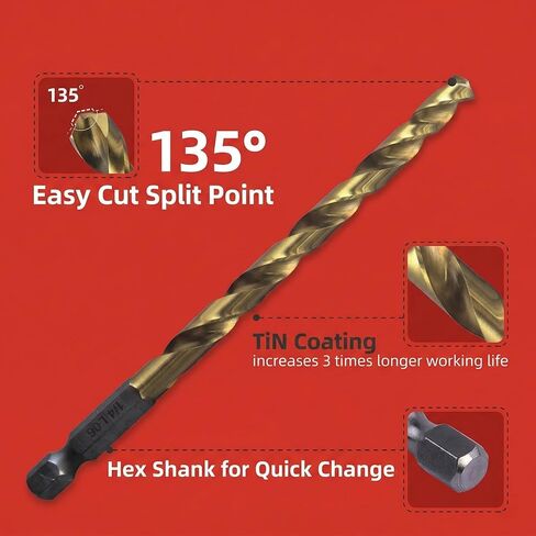 Impact Drill Bit Set 10pcs,1/16-1/4 Inch Titanium Hex Drill Bit Set, M2 HSS 1/4 Inch Hex Shank Quick Change,135 Degree Split Point, for Metal Steel Wood Plastic, Impact Driver Ready in Kuwait