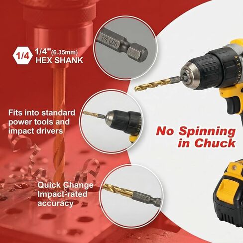 Impact Drill Bit Set 10pcs,1/16-1/4 Inch Titanium Hex Drill Bit Set, M2 HSS 1/4 Inch Hex Shank Quick Change,135 Degree Split Point, for Metal Steel Wood Plastic, Impact Driver Ready in Kuwait