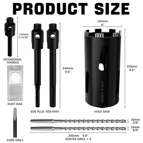 Diamond Core Drill Bit 2-1/2"(65mm) with Pilot Bit & Adapters (SDS Plus & Hex) – Upgraded Welded Segments, 8.6" Depth – for Concrete, Solid Brick, Hollow Brick, Masonry & More in Kuwait
