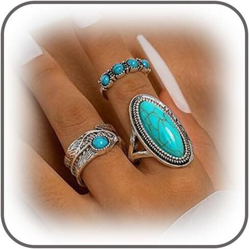 3Pcs Stackable Silver Oval Turquoise Western Rings for Women, Retro Bohemia Beads Knuckle Finger Ring Charm Y2K Cow Hippie Costume Jewelry Accessories in Saudi Arabia