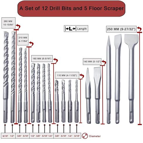 طقم أدوات مثقاب مطرقة دوارة SDS Plus ومكشطة أرضية مكونة من 17 قطعة، مثقاب خرسانة كربيد مزدوج الخيط من النوع المشقوق للحجر والطوب والبناء والجدران الأسمنتية مع حقيبة تخزين in Kuwait