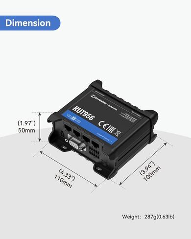 Teltonika RUT956A00A00 Industrial 4G LTE Cat4 Cellular Router, 4 Ethernet Port, Dual SIM Cards, RS232 and RS485, USB and GNSS, Certified by Verizon, AT&T and T-Mobile in Kuwait