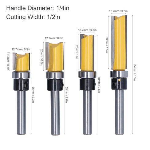 1/4 Shank 4PCS Pattern Bit, Pattern Flush Trim Router Bit Set Router Bits, Shank Flush Trims Tenon Cutter for Woodworking, Edging, Trimming, Grooving, veining Wood Projects (Round Silver Yellow) in Kuwait