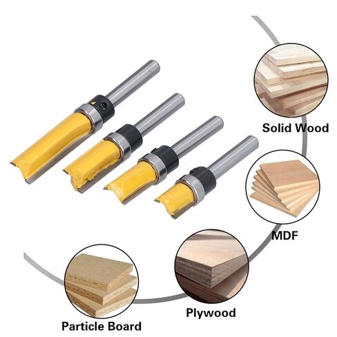 1/4 Shank 4PCS Pattern Bit, Pattern Flush Trim Router Bit Set Router Bits, Shank Flush Trims Tenon Cutter for Woodworking, Edging, Trimming, Grooving, veining Wood Projects (Round Silver Yellow) in Kuwait