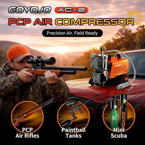 ضاغط هواء GOYOJO AC-2 PCP، مضخة محمولة خالية من الزيت بقدرة 4500 رطل لكل بوصة مربعة/30 ميجا باسكال لبنادق PCP الهوائية وخزانات كرات الطلاء HPA، طاقة مزدوجة 12 فولت تيار مستمر و110 فولت/220 فولت تيار متردد مع محول، صمام تخفيف الضغط الآمن in Kuwait