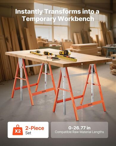 VEVOR Saw Horses, 2 Pack Folding Work Horses, 440 lbs Load Capacity Sawhorse with Heavy Duty Legs, Adjustable Height Saw Horse with Non-Slip Foot Pads, for Woodworking, Carpenters & Contractors in Kuwait