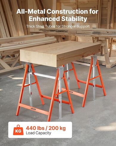 VEVOR Saw Horses, 2 Pack Folding Work Horses, 440 lbs Load Capacity Sawhorse with Heavy Duty Legs, Adjustable Height Saw Horse with Non-Slip Foot Pads, for Woodworking, Carpenters & Contractors in Kuwait