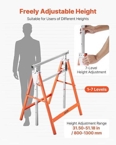VEVOR Saw Horses, 2 Pack Folding Work Horses, 440 lbs Load Capacity Sawhorse with Heavy Duty Legs, Adjustable Height Saw Horse with Non-Slip Foot Pads, for Woodworking, Carpenters & Contractors in Kuwait