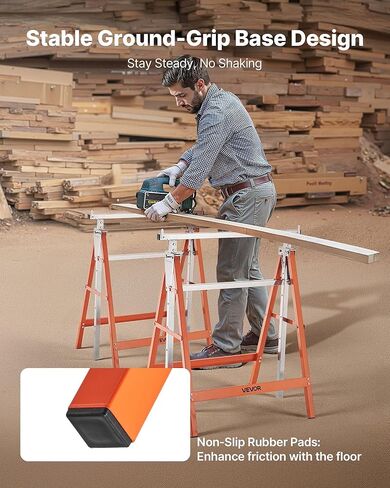 VEVOR Saw Horses, 2 Pack Folding Work Horses, 440 lbs Load Capacity Sawhorse with Heavy Duty Legs, Adjustable Height Saw Horse with Non-Slip Foot Pads, for Woodworking, Carpenters & Contractors in Kuwait