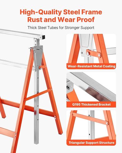VEVOR Saw Horses, 2 Pack Folding Work Horses, 440 lbs Load Capacity Sawhorse with Heavy Duty Legs, Adjustable Height Saw Horse with Non-Slip Foot Pads, for Woodworking, Carpenters & Contractors in Kuwait