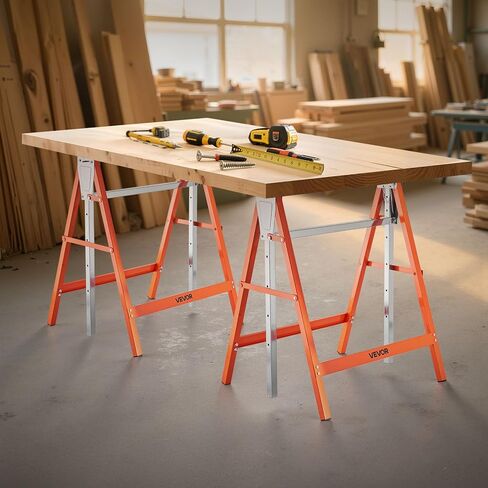VEVOR Saw Horses, 2 Pack Folding Work Horses, 440 lbs Load Capacity Sawhorse with Heavy Duty Legs, Adjustable Height Saw Horse with Non-Slip Foot Pads, for Woodworking, Carpenters & Contractors in Kuwait
