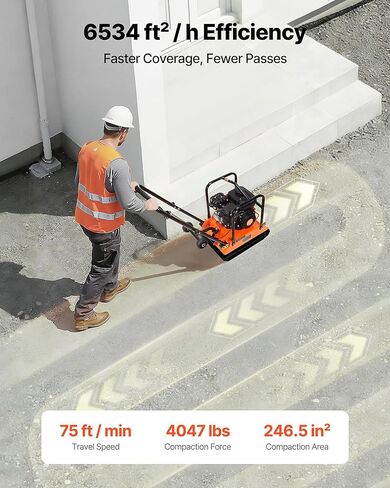 VEVOR Plate Compactor, 6.5 HP 196CC Gas Engine, 5700 VPM Vibrating Ground Rammer, 4047 lbs Compaction Force, 21 x 16 in Plate, Walk Behind Compactor for Paver Landscaping, Asphalt, Foundation, Soil in Kuwait