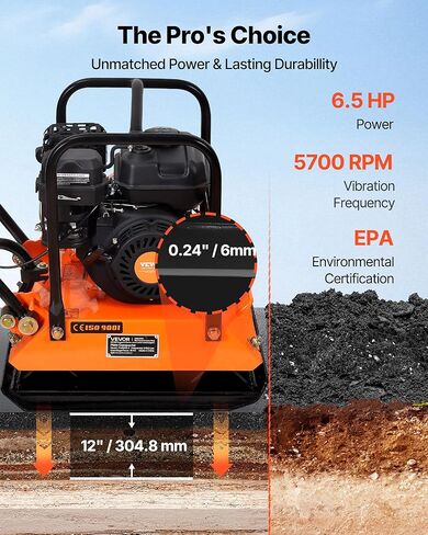 VEVOR Plate Compactor, 6.5 HP 196CC Gas Engine, 5700 VPM Vibrating Ground Rammer, 4047 lbs Compaction Force, 21 x 16 in Plate, Walk Behind Compactor for Paver Landscaping, Asphalt, Foundation, Soil in Kuwait