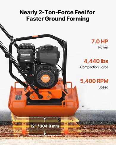 ضاغط الألواح VEVOR، محرك غاز 7 HP 196CC، ماكينة الدك الأرضية الاهتزازية 5400 VPM، قوة الضغط 4440 رطل، لوحة 23 × 18 بوصة، ضاغط المشي خلف المناظر الطبيعية للرصف، الأسفلت، الأساس، التربة in Kuwait