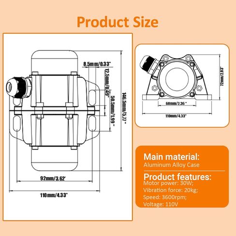 Concrete Vibrator Motor,30W AC 110V with US Plug Vibration Motor with Speed Controller, Waterproof Vibrating Motor Single Phase 3600RPM for Sand Shaking Table in Kuwait