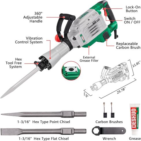 30 lb. Demolition Jack Hammer with 1-3/16" Hex Shank, 1700W 14-Amp Heavy Duty Corded Electric Concrete Demo Chipping Breaker with Carrying Case, Flat & Bull Point Chisel in Kuwait