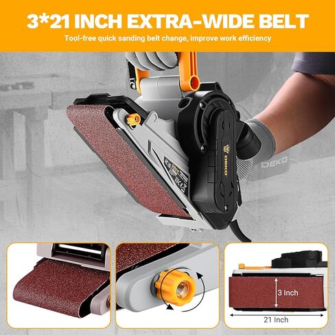 Belt Sander Corded: DEKOPRO 8.4A Belt Sander Handheld with Dust Bag & 2 Metal C Clamps, 1010W 3×21-Inch Power Belt Sanders with Variable-speed Control for Woodworking in Kuwait