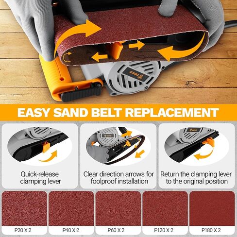 Belt Sander Corded: DEKOPRO 8.4A Belt Sander Handheld with Dust Bag & 2 Metal C Clamps, 1010W 3×21-Inch Power Belt Sanders with Variable-speed Control for Woodworking in Kuwait