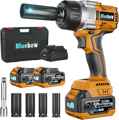Bluebow Cordless Impact Wrench, 737.5 ft-lbs (1000 N·m) Brushless Impact Wrench with 2x4.0Ah Battery, 1/2" 3-Speed Modes Impact Gun with 4 Sockets for Pickup, Truck, Home Car in Kuwait
