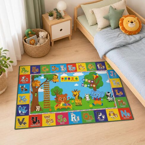 Upgrade Ultra Non Slip Kids ABC Rug for Kids Playroom, 4x7 Washable Alphabet Educational Learning Play Mat for Toddlers Baby, Colorful Carpet with Animals for Nursery, Classroom & Bedroom, 48"x80" in Saudi Arabia