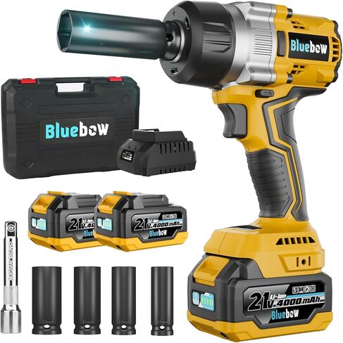 مفتاح ربط تأثير لاسلكي من Bluebow، 737.5 قدم رطل (1000 نيوتن متر) مفتاح ربط بدون فرش مع بطارية 2 × 4.0 أمبير، مسدس تأثير 1/2 بوصة ثلاثي السرعات مع 4 مقابس للبيك اب والشاحنة والسيارة المنزلية in Kuwait