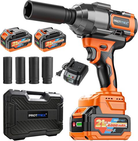 Protmex 1107Ft-lbs(1500N.m) Cordless Impact Wrench, 1/2" Brushless Impact Driver, High Torque Impact Gun with 21V 2x4.0Ah Battery, Power Motor Variable Speeds for Car/Mower/Pickup Truck in Kuwait