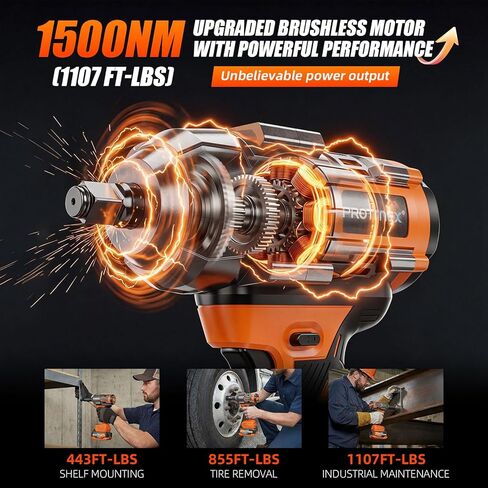 Protmex 1107Ft-lbs(1500N.m) Cordless Impact Wrench, 1/2" Brushless Impact Driver, High Torque Impact Gun with 21V 2x4.0Ah Battery, Power Motor Variable Speeds for Car/Mower/Pickup Truck in Kuwait
