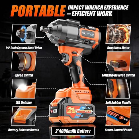 Protmex 1107Ft-lbs(1500N.m) Cordless Impact Wrench, 1/2" Brushless Impact Driver, High Torque Impact Gun with 21V 2x4.0Ah Battery, Power Motor Variable Speeds for Car/Mower/Pickup Truck in Kuwait