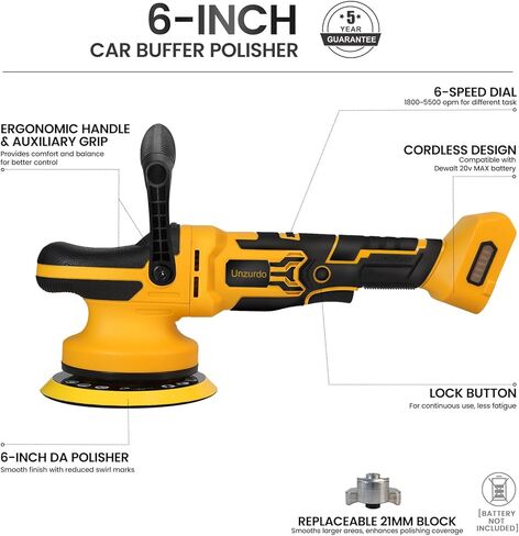 ملمع عازلة DA لاسلكي مقاس 6 بوصات (أداة فقط) متوافق مع بطارية Dewalt 20V 60V MAX، بدون فرش، 5500 OPM، مدار 15 مم / 21 مم، شمع ملمع سيارة مداري عشوائي بـ 6 سرعات للتفصيل in Kuwait