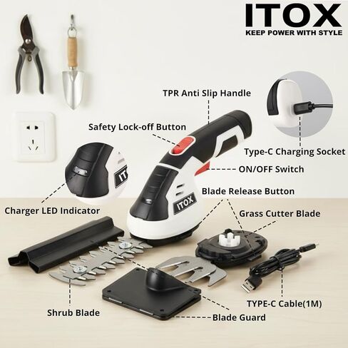 Cordless Grass Shear & Shrubbery Trimmer - 2 in 1 Handheld Hedge Trimmer Electric Grass Cutter Rechargeable Lithium-Ion Battery and Type-C Cable Included (White) in Kuwait