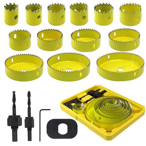 Hole Saw Set, 13 PCS Carbon Steel Hole Saw Kit with Arbor & Drill Bits, Heavy Duty Hole Cutter for Wood, Plastic, Drywall & Thin Metal, Storage Case Included (Yellow) in Kuwait