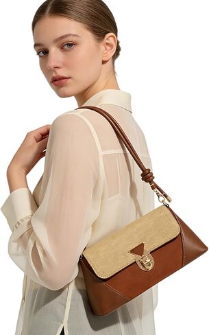 Vintage Flap Purse Small Shoulder Tote Bag Wide Flat Bottom for Women, Caramel Color in Saudi Arabia