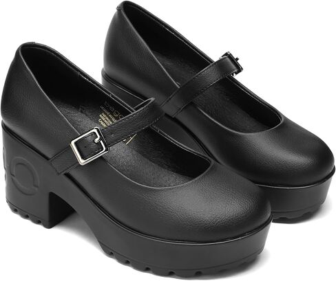 حذاء نسائي من Bego بحزام قابل للتعديل ومقدمة مستديرة وكعب سميك ونعل سميك من Mary Jane Dress Shoes أسود من جلد العنب النباتي in Kuwait