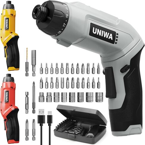 UNIWA Cordless Electric Screwdriver Rechargeable - 650 RPM Power Screwdriver Set, Cordless Drill Small Drill, Hand Drill Set, 7.1N.m, 38PCS Bits, 2000 mAh, 3.6 V Power Tools, Pivoting Handle (Yellow) in Saudi Arabia