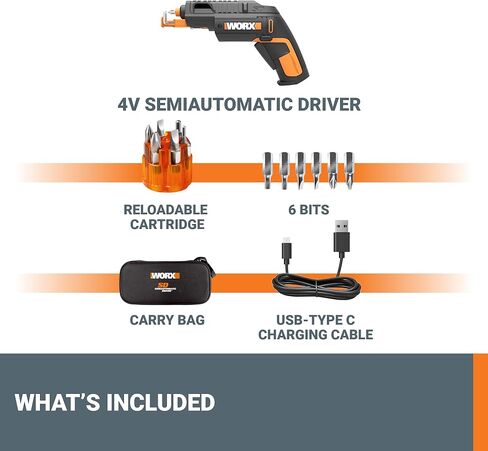 مفك براغي كهربائي WORX 4V، مجموعة مفك براغي لاسلكي قابل لإعادة الشحن مع 6 قطع، حامل براغي، كابل شحن USB من النوع C - WX255L.5 in Kuwait