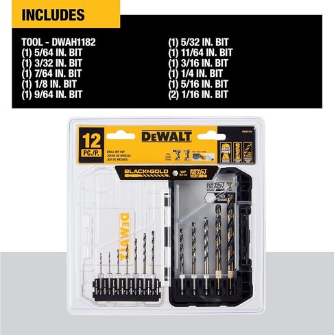 DEWALT 12 Pc Black and Gold Drill Bit Set, Premium Finish Impact Driver Bit Set for Metal, Plastic and Wood (DWAH1182) in Kuwait