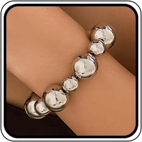 Chunky Silver Beaded Stretch Bracelet for Women Vintage Elastic Ball Bead Bracelets Non Tarnish Trendy Two Tone Stretchable Statement Jewelry Accessories in Saudi Arabia