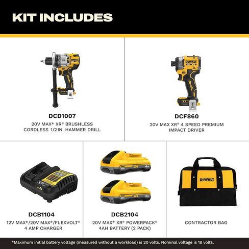 DEWALT 20V MAX XR Brushless Hammer Drill 1/2 In. and High Torque 1/4 Impact Driver Combo with 2 x 4 Ah Batteries and 4 Amp Charger (DCK2112QQ2) in Kuwait