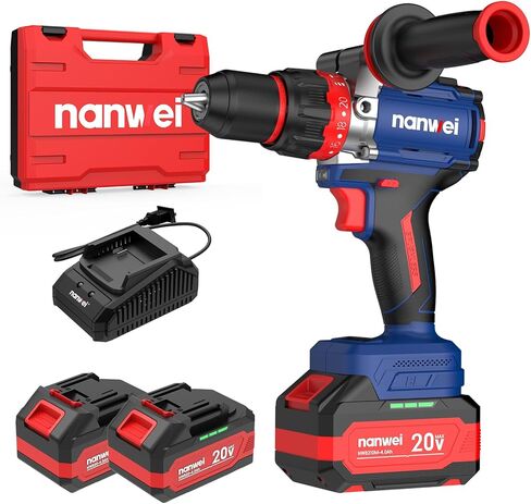 NANWEI Hammer Drill، 1450in-lbs، 26000BPM، 1/2 "ظرف معدني بدون مفتاح، 20 + 3 قابض، بطاريات 2x4.0Ah، طقم مثقاب تأثير لاسلكي بدون فرش 20 فولت لحفر جدار الطوب والمعادن والخشب والخرسانة in Kuwait